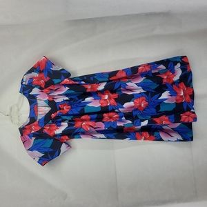 VINTAGE GRANADA Blue Red Floral Short Sleeve V-Neck Side Pocket Mumu Housecoat